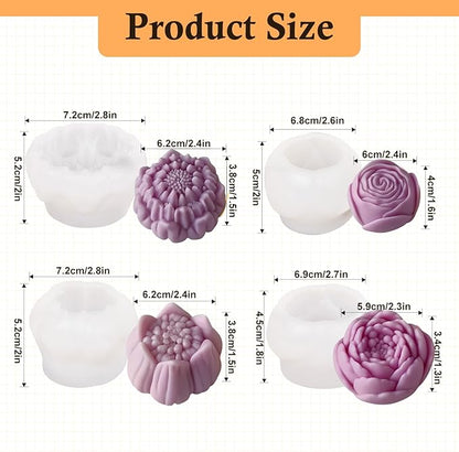 4pcs Large Flower Silicone Candle Molds,Reusable 3D Mold for Soap, Baking, Chocolate, Ice, Wax Resin Crafts, Rose Lotus Hibiscus Peony, Non-Stick, Easy Release Clean, DIY Gift for Bakers