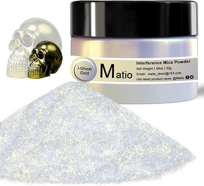 Matio Interference Mica Powder, 1.06oz/ 30g Ghost Gold Chrome Powder, Pearlescent Effect Color Shift Pigment for Epoxy Resin, Makeup Shimmer,Nail Polish,Soap Dye,Candle Making,Paint,Slime Pigment