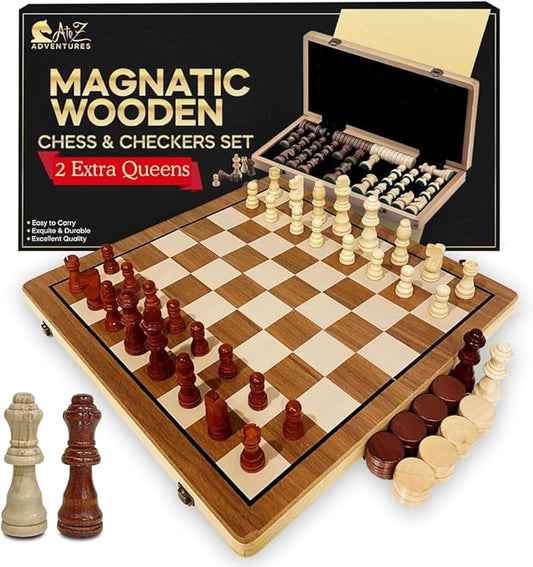 Magnetic Chess Set with Checkers - 15" (2 in 1) Folding Wooden Chess Sets for Adults & Kids with 2 Extra Queens | Travel Chess Board Game Set with Chess Pieces Storage Slots, Luxury Gift with Storage