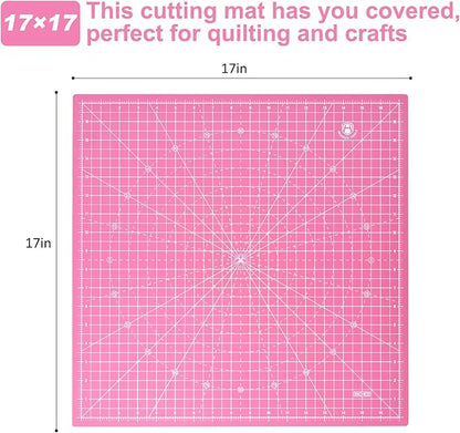 Headley Tools 17"x17" Rotating Cutting Mat, Self Healing Mat with 360-Degree Rotation & Anti-Slip Base, Sewing Board Cutting Mat Perfect for Fabric Quilting Leather Hobby Project, Pink