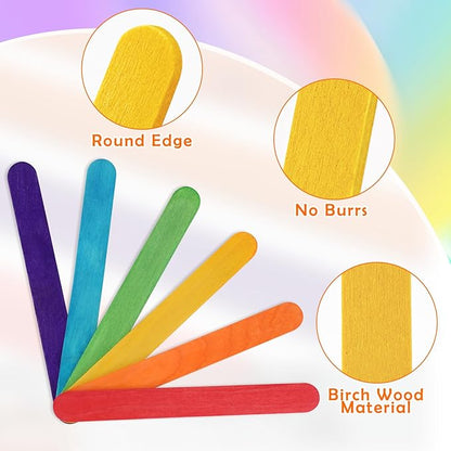 WISYOK 1500 Pcs 6 Inch Colored Jumbo Craft Stick, Wooden Rainbow Popsicle Sticks, Wide Lollipop Sticks, Ice Pop Sticks, Great for DIY Craft Creative Designs and Kids Education, Home Art Projects