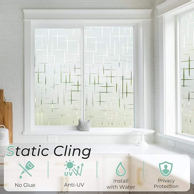 DOWELL Window Privacy Film Frosted Glass Window Film, Sun Blocking Non-Adhesive Glass Cling, Decorative Door Sticker, Self Static-Cling Tint Covering for Home Office, Cross Pattern 17.5" x 157.5"