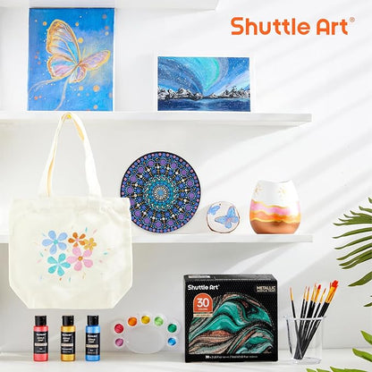 Shuttle Art 30 Colors Metallic Acrylic Paint, Artist Grade Metallic Paint in Bottles (60ml, 2oz), Rich Pigmented, High Viscosity, Non-Toxic for Artists, Beginners on Rocks Crafts Canvas Wood Fabric
