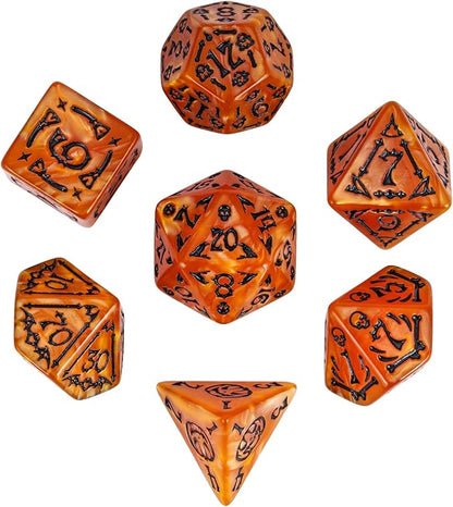 7-Die DND Dice Set Halloween Pattern Polyhedral Die Set with Leather Bag, Skull Dice D&D Die for RPG Table Games (Halloween Pattern-Orange/Black Number)