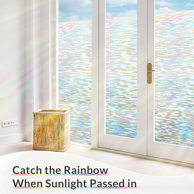 rabbitgoo Window Privacy Film with Installation Tools, Stained Glass Window Film Rainbow Prism Decorative Glass Clings for Home Decor, Static Cling Covering Sun Blocking, 35.4" x 78.7"