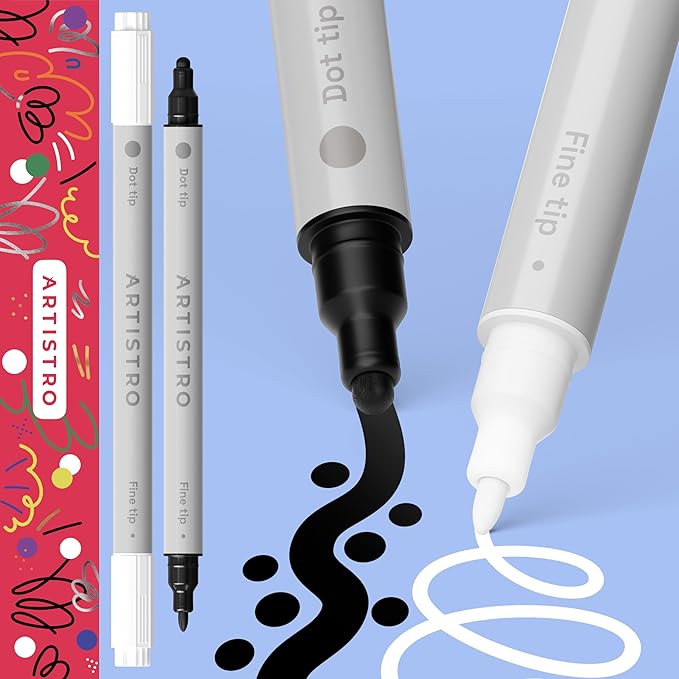 ARTISTRO 2 Black&White Dual-Tip Acrylic Paint Pens - Multisurface Markers for Glass, Rock, Fabric, Wood, Plastic & More - 5mm Dot + 1mm Fine Tips
