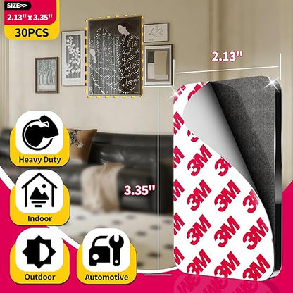 30 Pcs Large Strong Double Sided Adhesive Pads, Made of 3M, Heavy Duty Square Sticky Mounting Foam Tape for Car Décor Wall, 0.12" Thick Black Sticky Pads 2.13" x 3.35"