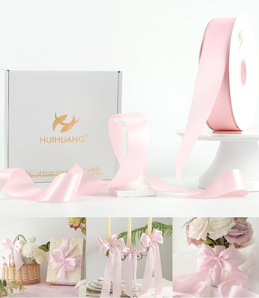 HUIHUANG Pink Satin Ribbon 1-1/2 inch x 100 Yards Light Pink Double-Faced Satin Ribbon for Flower Bouquet, Gift Wrapping, Eternal Roses, DIY Crafts, Bridal Shower Wedding Decor
