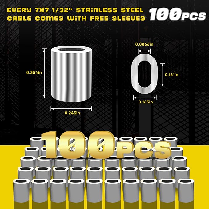 316 Stainless Steel Cable, 400FT 1/32IN Wire Rope 7 * 7 Strand with 100Pcs Aluminum Sleeves Stops, Guide Wire for Outdoor String Lights for String Lights Hanging, Clotheslines, Trellis (400FT)