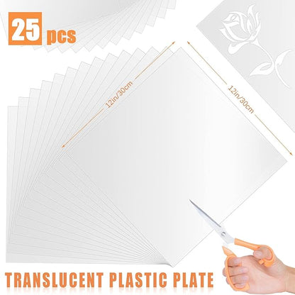 FSWCCK 25 Pcs 10mil 12 x 12 Inch Milky Translucent PET Blank Stencil Sheets, Mylar Sheets for Stencils, Template Plastic for Quilting Mylar Stencils, Laser Cutting, Gyro-Cut Tool Template Material