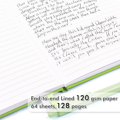 feela 5 Pack Notebooks Journals Bulk, Hardcover Notebook Classic Ruled Lined Journals with Pen Holder for Women Girls School Business Supplies, with 5 Black Pens, 120 GSM, 5.1”x8.3”, A5, Green