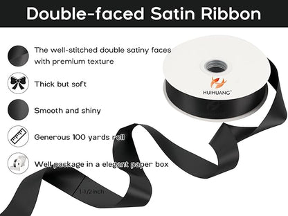 HUIHUANG Black Satin Ribbon 1-1/2 inch x 100 Yards Double-Faced Satin Ribbon for Flower Bouquet, Gift Wrapping, Eternal Roses, DIY Crafts, Bridal Shower Wedding Decor