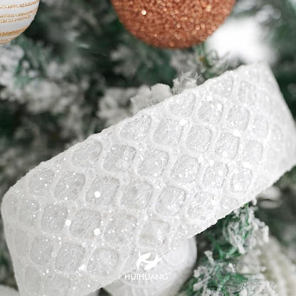 HUIHUANG White Glitter Wired Ribbon for Christmas Tree 2.5 inch White Diamond Mesh Wire Ribbon for Tree Decoration, Wreaths, Garland, Gift Wrapping, Large Bows Making, Home Decor -10 Yards