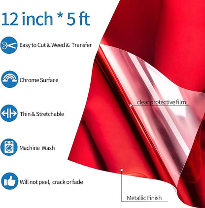 VINYL FROG Metallic Foil HTV Vinyl Roll 12" x5ft Red Heat Transfer Vinyl Chrome Iron on Vinyl Easy to Cut & Weed DIY Heat Press Design for T-Shirts