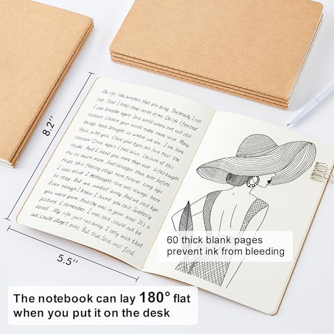 feela 8 Pack Unlined Kraft Paper Notebooks, Blank Journal Note Pad for Drawing Writing, Small Sketchbook Travel Journal Bulk for Women Kids Students Office School Supplies, A5, 60 Pages, 8.3” X 5.5”