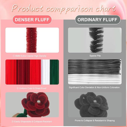 400 Pcs Red Pipe Cleaners for Crafts, 4 Colors Soft Chenille Stems Bulk with Floral Wires, Gardening Tape,Hot Glue Stick，Greeting Card,Bouquet Paper, Pearl & Ribbon, Flowers Craft kit for Christmas
