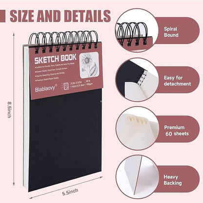 Sketch Book, 5.5" x 8.5" Sketchbook with 60 Sheets (68lb/100gsm), 2 Pack Drawing Pad Acid Free Drawing Book Sketch Pad for Kids Adults Beginners Artists (2 pcs Black)