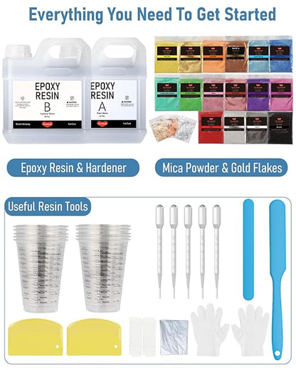 80 Oz Epoxy Resin Kit with 16 Colors Mica Powder, Gold Foil, Cups & Stick, Crystal Clear Resin Beginner Supplies for Coating Casting Table, Molds, Jewelry Making, DIY Art Craft, 1:1 Ratio