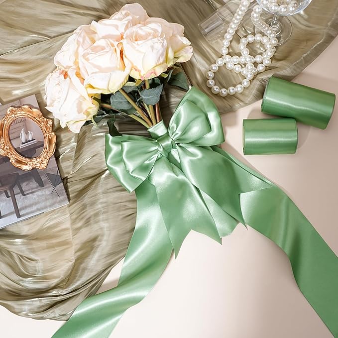 LaRibbons Sage Green Satin Ribbon 4 Inch 10 Yards Double Faced Luxury Light Green Silk Ribbon for Gift Wrapping Flower Bouquets Bow Christmas Wedding Party Decoration