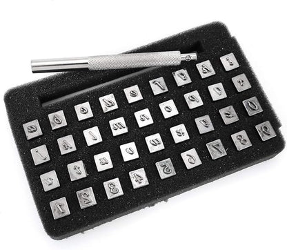 Yoption 37 Pieces Leathercarft Stamping Tool Set, 26 Letters Alphabet & 10 Numbers Stamps Steel Punch Tool 3mm+1 Stamping Handle for Leather Craft