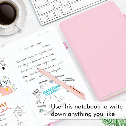feela 5 Pack Notebooks Journals Bulk, Hardcover Notebook Classic Ruled Lined Journals with Pen Holder for Women Girls School Business Supplies, with 5 Black Pens, 120 GSM, 5.1”x8.3”, A5, Rose Pink