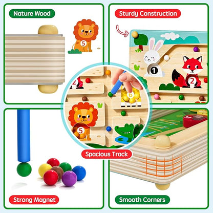 2 in 1 Magnetic Color and Number Maze Magnet Alphabet Counting Double Sided Board Wood Puzzle Fine Motor Skills Montessori Preschool Toys Gifts for Boys and Girls 3-5 Age (Zoo, One Size)