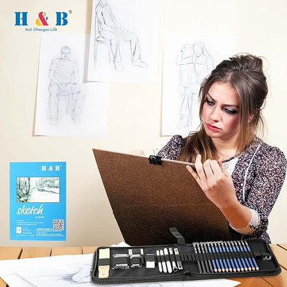 H & B 33 Pieces Drawing Pencils Set, Sketching Pencils Set & Drawing Kit, Includes Sketch Pad, Graphite Pencils, Charcoal Sticks and Eraser, Supplies for Artists/Beginner/Adults