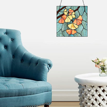 PA0005 Stained Glass Ginkgo Leaf Hanging Panel-10 Wx10 H Window Suncatcher Window Décor Tiffany Style Wall Décor Hanging Art