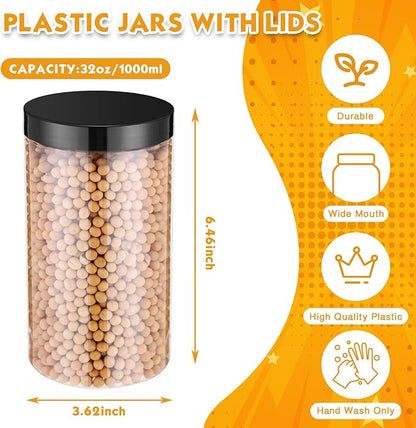 SATINIOR 12 Pack 32 oz Plastic Container Jars with Lids Round Clear Travel Cosmetic Container Slime Jars for Toiletries, Lotion, Cream, Ointments, Makeup, Rhinestone, Samples, Kitchen Storage(Black)