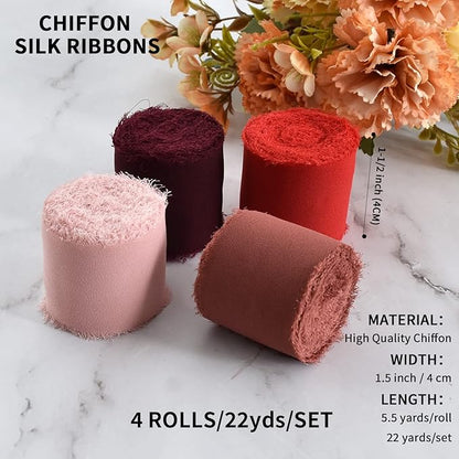 TONIFUL 4 Rolls Silk Chiffon Ribbon, 1-1/2 Inch x 22yds, Red Chiffon Ribbons Set, Handmade Fringe Silk Ribbon for Gift Wrapping Bridal Bouquets Wedding Invitations Decoration Crafts