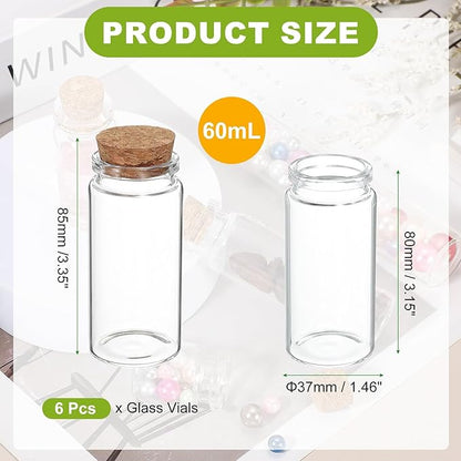 uxcell 6Pcs Mini Glass Bottles with Cork Stoppers, 60ml Small Clear Bottles Glass Empty Jars Vials for DIY Crafts Party Wedding Decor Favors