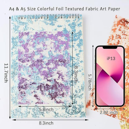 A5 & A4 Size Colorful Foil Textured Fabric Art Paper Scrapbooking Decorative, 20 Sheets Sparkle Metallic Lace Mesh for Crafts, Junk Journaling Supplies, Card Making, Collage