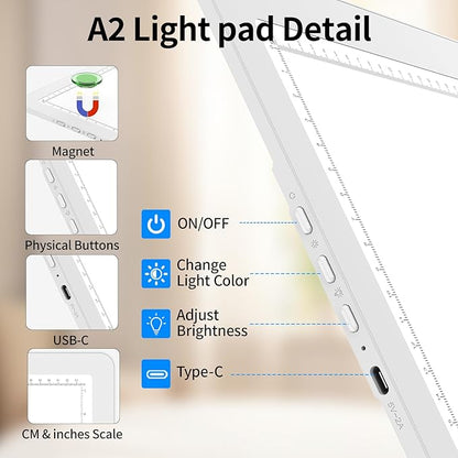 TOHETO A2 Light Pad 25.2''x18.4'', Large Magnetic LED Light Board for Diamond Painting, 3-Color Modes Light Box for Tracing, 6-Level & Stepless Dimmerable Diamond Art Light Table for Drawing,Sketching