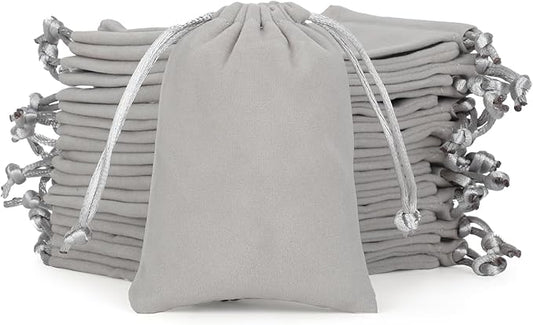 Velvet Drawstring Jewelry Bag, 50Pcs Grey Coin Pouch, 3x4 Dice Bag, for Wrapping Halloween Party Favors or Gifts for Friends, Small Bussiness, Palm Crosses, Necklaces, Bracelet