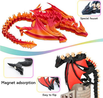 3D Printed Dragon - 12 inch Flying Flexible Dragon with Wings, Home Decor, Birthday Gift, Desk Pet(Red Black-Dragon)(Red Gold-Dragon)