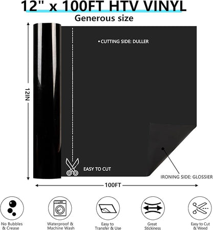 Guangyintong Black HTV Heat Transfer Vinyl Rolls, 12" X 100ft Iron on Vinyl PVC Adhesive for T-Shirt, Easy to Cut & Weed for DIY Design