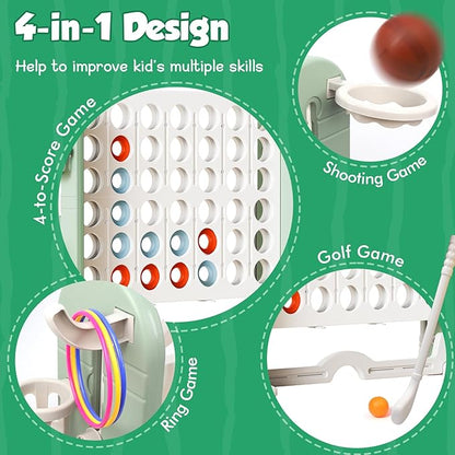 Ancaixin Giant 4 in-A-Row Connect Game Set, Adjustable Height Jumbo Yard Game with Basketball Hoop, Golf, Mesh Pocket & Ring Toss, Indoor Outdoor Family Backyard Party Game for Kids and Adults, White