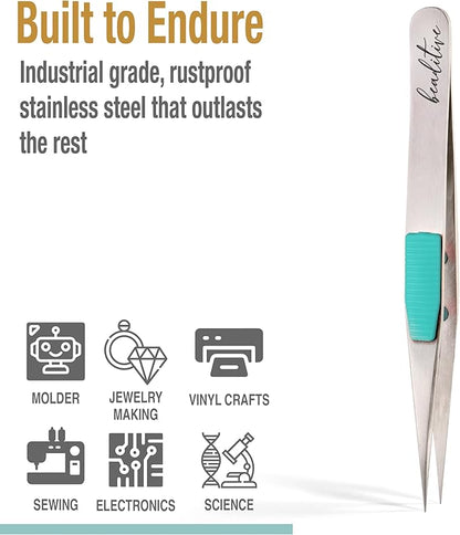 Beaditive High Precision Heavy-Duty Tweezers With Cushion - 4.7" Craft Tweezers for Sewing, Beading & DIY Crafts - Non-Serrated, Fine Point Tips - Stainless Steel Needle Nose Hobby Tweezers (Teal)