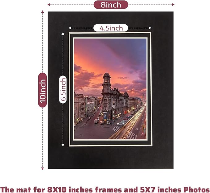 HOTUO 10 Pack Acid Free Black Picture Frame Mats, Pre-Cut 8x10 Picture Mats with Ivory Core Bevel Cut for 5x7 Photo, Signature Friendly 4 Ply Thickness Photo Mat for Frames (Black with V-Groove)