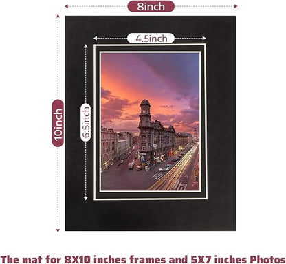 HOTUO 10 Pack Acid Free Black Picture Frame Mats, Pre-Cut 8x10 Picture Mats with Ivory Core Bevel Cut for 5x7 Photo, Signature Friendly 4 Ply Thickness Photo Mat for Frames (Black with V-Groove)
