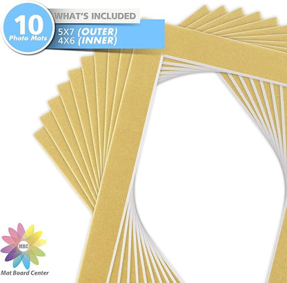 Mat Board Center, Pack of 10, 5x7 for 4x6 Old Gold Color Mats - Bevel Cut, Acid Free, 4-ply Thickness, White Core - for Pictures, Photos, Framing