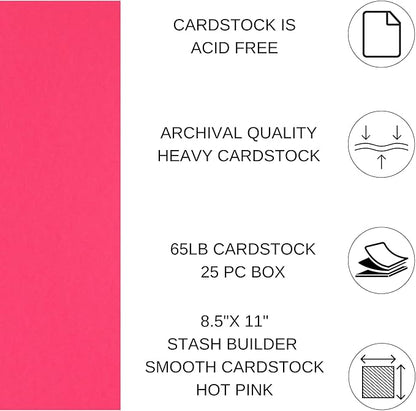 PA Paper Accents Stash Builder Cardstock 8.5" x 11" Hot Pink, 65lb Colored cardstock Paper for Card Making, Scrapbooking, Printing, Quilling and Crafts, 25 Piece Pack