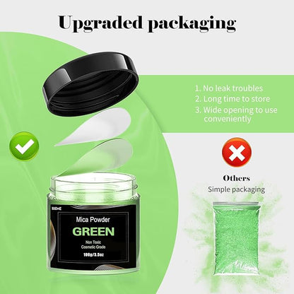Green Mica Powder Pigment (100g) -Cosmetic Grade Metallic Mica Powder for Epoxy Resin, Lip Gloss, Soap,Candle Making, Bath Bombs,Tumblers, Jewelry, Dyes, and DIY Crafting Projects(Green, 3.5oz)