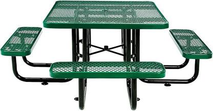 Global Industrial 46" Square Picnic Table, Expanded Metal, Green Thermoplastic Coating, Attached Benches, 1-1/2” Umbrella Pole Hole, Outdoor-Rated, 1000 lb Capacity