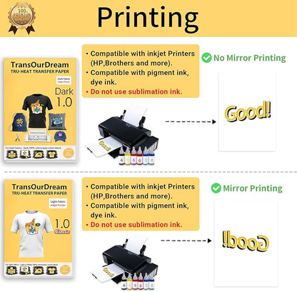 TransOurDream Heat Transfer Paper for Dark and Light Fabric (5+5 Sheets, 8.5x11, Mix Pack) Printable HTV Heat Transfer Vinyl for T Shirts Iron on Transfers for Inkjet Printer (D1L1)