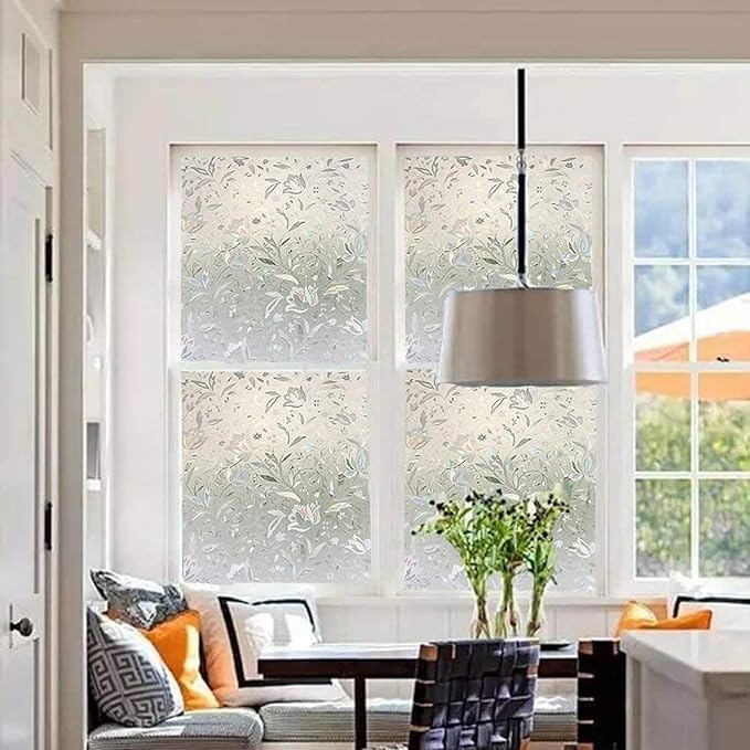 LEMON CLOUD Window Film, Decorative Window Privacy Film, 3D Stained Glass Window Sticker,Anti-UV Sun Blocker Heat Control for Home(Rainbow Tulip Design,17.5 x 118.1 inches)