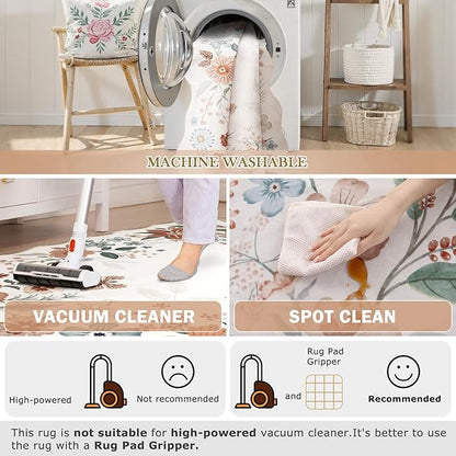 Beeiva Living Room Rugs 8x10 - Scalloped Floral Printed Soft Non Slip Washable Flower Rug for Bedroom Under Bed Boho Aesthetic Rugs Stain Resistant Large Carpet for Nursery Dorm(Beige,8x10ft)