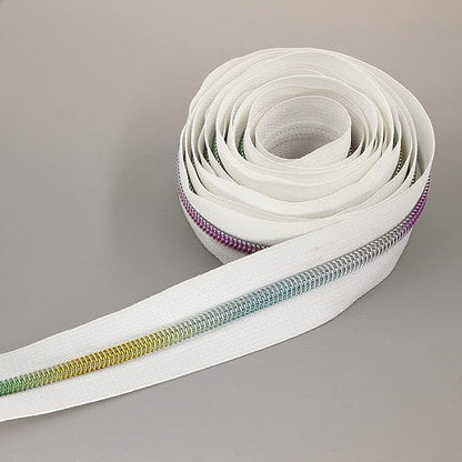 Leekayer #5 Metallic Nylon Coil Zippers by The Yard Colorful Teeth Zipper Bulk 10 Yards White Tape with 25pcs Silver Sliders for DIY Sewing Tailor Craft Bag(White)