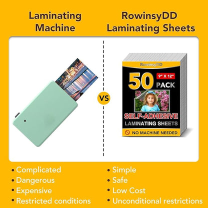 50 Pack Self Adhesive Laminating Sheets, 9 X 12 Inch, Clear Sticker Laminate Sheets Waterproof for Documents, Photos, No Machine Needed Heatless Durable