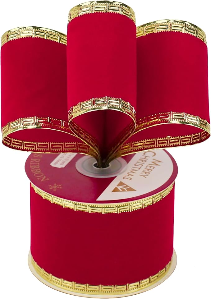 MEEDEE Red Velvet Ribbon 2.5 Inch With Gold Greek Key Edge - 10 Yards Wired Christmas Ribbon for Tree Decoration, Topper Bow, Garland